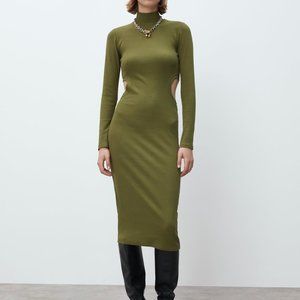 NWT Zara Olive Green Cutout Ribbed Midi Dress S​​​​​​​​​​​​